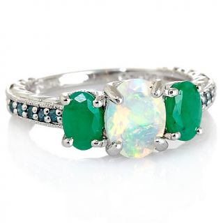 Opal, Emerald and Blue Diamond Silver Ring   1.65ct