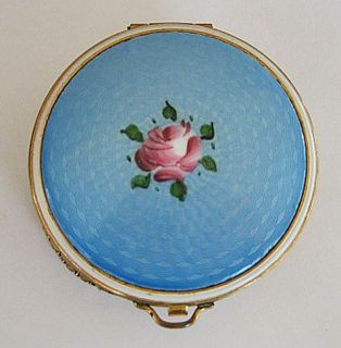  Gold Mesh Blue Guilloche w/ Rose Compact, Whiting Davis, Evans Style