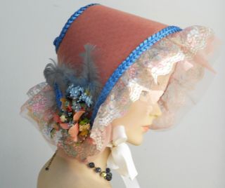Civil War Bonnet Pink Victorian Dress Hat Feathers Flowers /Matching