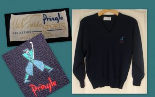 Pringle Faldo Vintage V Neck Sweater Navy Blue Scotland M L Excellent