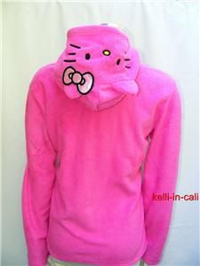  Cat Face Ears Satin Bow Hot Pink Fleece Hoodie Jacket Top L New