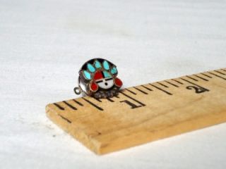 Vtg Old Zuni Turquoise & Red Sun face Inlay With Headdress Brooch Pin