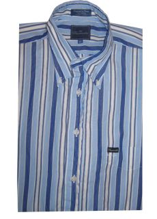 Faconnable Mens Short Sleeve Cotton Button Front Shirt Top Blue Stripe