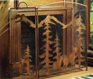 Rustic Forest Lodge Metal Fireplace Folding Screen