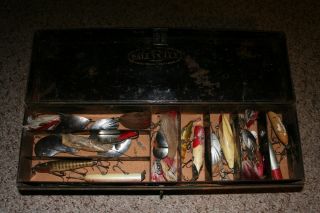 EARLY 1900S FALLS CITY TACKLE BOX FULL OF LURES SPINNERS ROD REEL