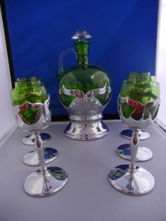 Farber Bros Art Deco Decanter Set with Green Cambridge Glass and