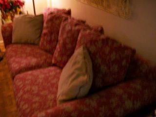 KLAUSSNER Red Khaki Floral Sofa 7ft x 39in deep 4 lg cushions 2 accent