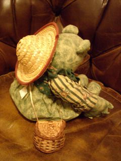 Whimsical FISHING FROG with pole, worm, hat and creel basket decor