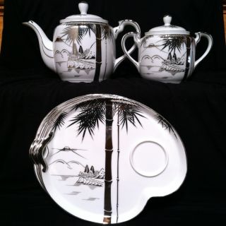Vintage Kutani China Hand Painted Tea Pot Sugar Bowl 6 Snack Plates