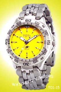 FOSSIL BLUE WATCH W/SILVERTONE BAND, YELLOW DIAL W/ ILLUMINATING HANDS