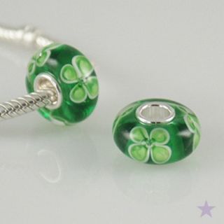 Four Leaf CLOVER MURANO GLASS 925 Sterling Silver EUROPEAN BEAD Charm