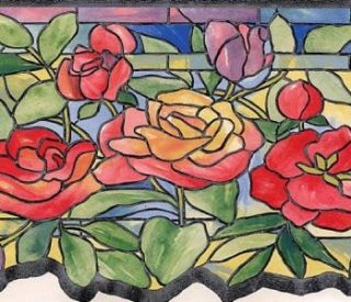 Wallpaper Border Victorian Floral Stained Glass Blue Red Yellow Green