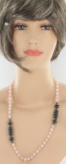 Vintage Rose Quartz Hematite Bead 33 Knotted Necklace
