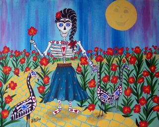 Print Folk Art Mex Day of The Dead Frida Kahlo Flamingos Painting