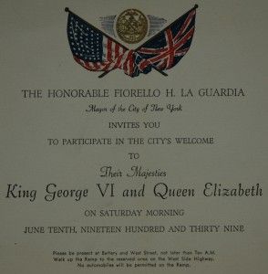 1939 Fiorello La Guardia Invitation King George VI & Queen Elizabeth
