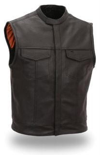 First Mfg Mens Concealed Snaps Scooter Collar Clean Look Leather Vest