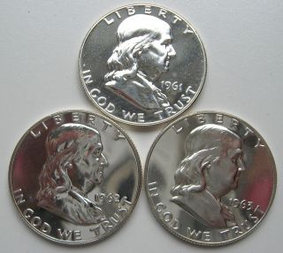 Franklin Half Dollar Proofs 3 Coins 1961 1962 1963