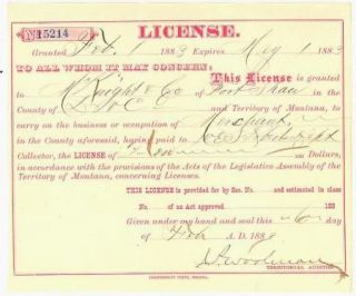  1883 Army Post Trader License McKnight Co Fort Shaw Montana