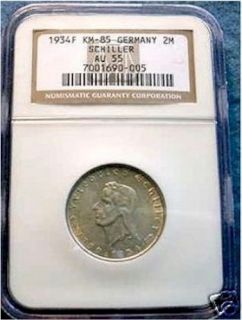  RARE German Silver Coin 2 Reichsmark 1934 F Friedrich Schiller