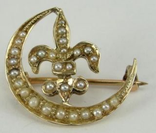 Antique Victorian 10K Gold Pin Seed Pearl Fleur de Lis