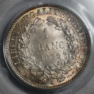 1872 K PCGS MS 64 France Silver 1 Franc Beautiful Tone PCGS Pop 1 1