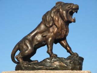 Ancienne Sculpture Lion En Furie T Cartier Terre Cuite