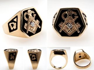 Heavy Mens Masonic Diamond Ring Brushed Finish Solid 14k Gold Estate