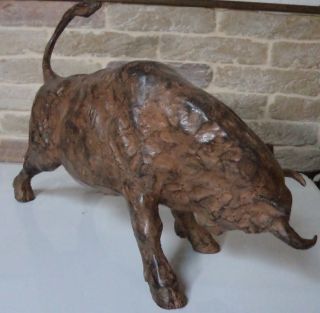 French Bull Charging Bronze Sculpture Statue Signed