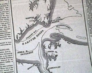  MAP Near Beginning FORTRESS MONROE Norfolk & Hampton VA 1861 Newspaper
