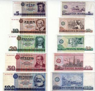 East German Cash Notes Coll. of 5 german Paper Money Notes 5 100 Mark