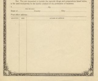 1918 Original Opium Cocaine Narcotic Order Form Hendersonville North