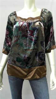 Gaby L Eden Misses s Blouse Top Brown Floral 3 4 Sleeve Shirt Designer