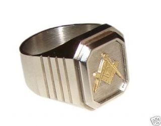 square compass stainless steel masonic ring with gold 18 kt inlay