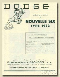 1932 French Ad Print DODGE New Six Auto Type 1933