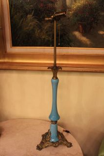Antique French Blue Opaline Glass Ornate Bronze Banquet Table Lamp