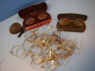 Scrap Lot of Antique Eye Glasses,Some Gold Filled, Cases Parts/ Repair