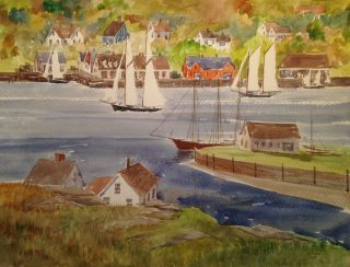 Gloucester Massachusetts 1920ERA Schooners Harbor Waterfront 9x12