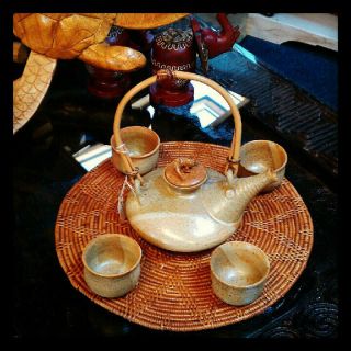 Balinese Gecko Tea Pot Cups Set Celedon Green Lizard Ceramic Hand Made