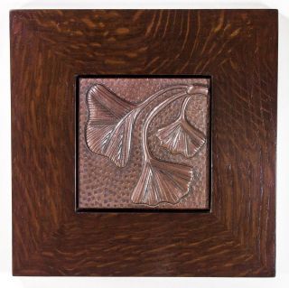 Framed Arts and Crafts Ginkgo Leaves Hammered Copper Tile
