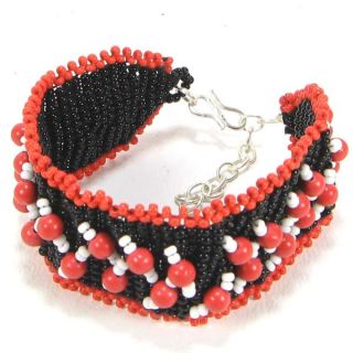 Coral Gemstone Black Seed Beaded Cuff Bracelet Handmade Bead Jewelry