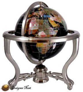 13 Black Opalite Gemstone World Map Globe Silver Stand Compass Black