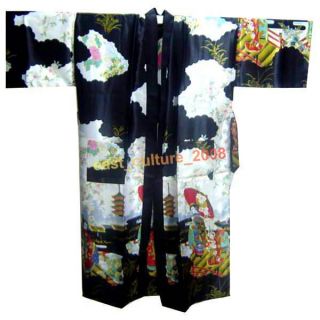 Geisha Kimono Robe Sleepwear Yukata Belt Black WRD 01