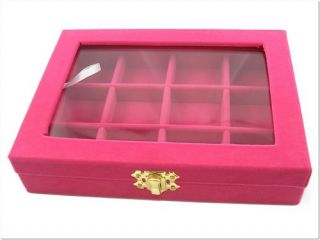 Fuschia 12 Compartment Jewelry Glass Top Box Case Tray