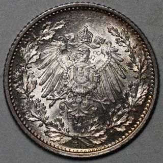  BU German Silver 1 2 Mark Scarcer Mint Kaiser Reich Empire