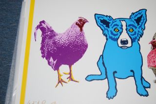 FTI George Rodrigue Blue Dog Chicken in A Basket White RARE Print