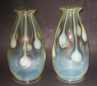 Pair Antique Vaseline Opalescent Glass Lamp Shades