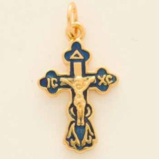 Nice Gold Filled Blue Enamel Russian Cross Pendant