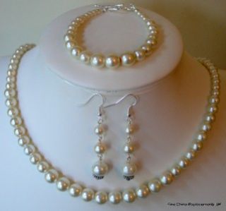 Graduated Glass Pearl Necklace Bracelet and Earrings Weddings Bride