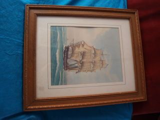 Vintage David Gordon Brown Sailing SHIP Print in Wood Frame 16 5 x 13