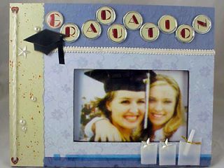 Graduation Themed Photo Frame Embellished Wood Blue Gray 3x5 Photo